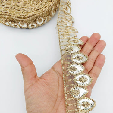 9 Yards Sheer Gold Tissue Fabric Scalloped Lace Trim with Indian Gold Foil Work Gota Patti Sari Border